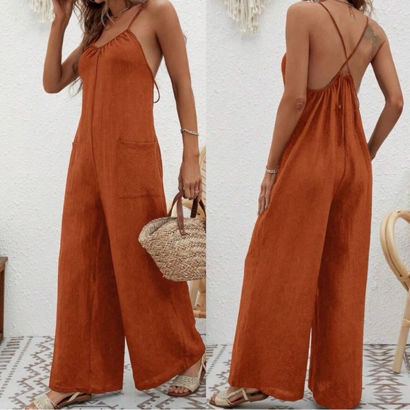 Solid Criss cross Tie Pockets Wide leg Jumpsuit - Picture 1 of 9